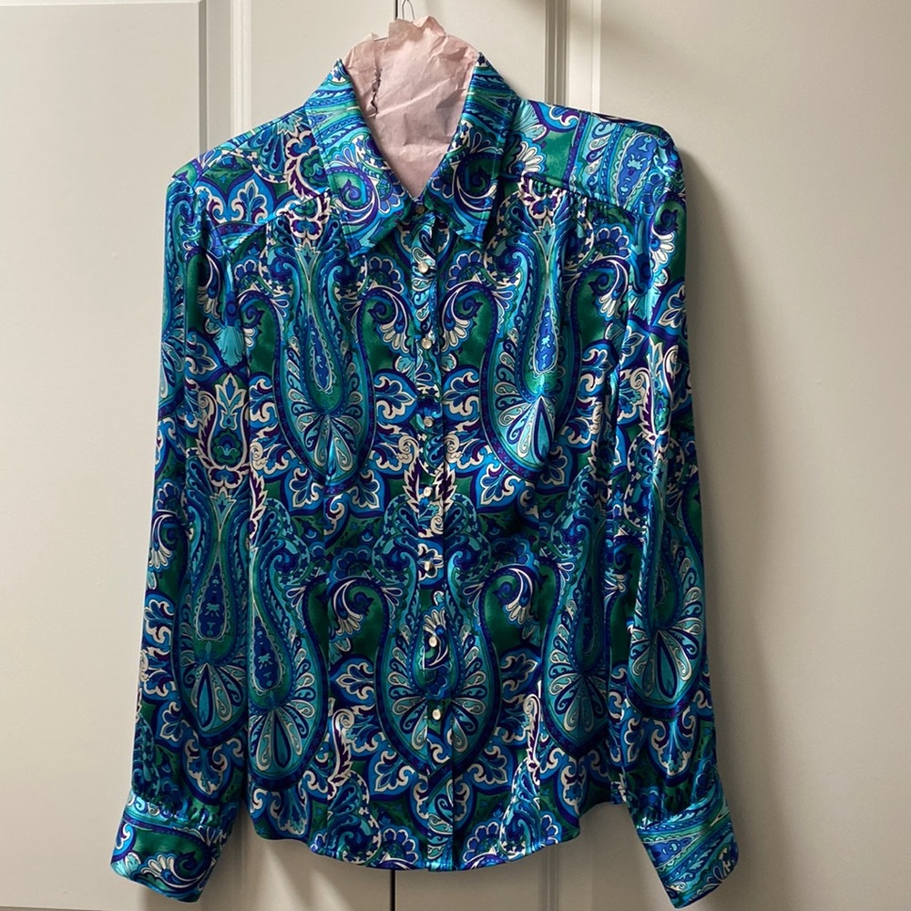 Cache Blue & Green Paisley Satin Blouse